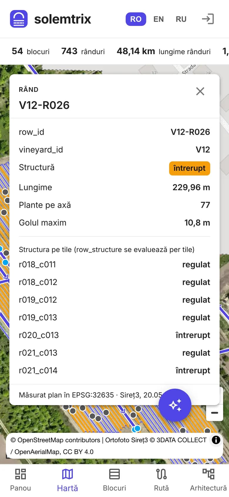 Harta Solemtrix pe un telefon, cu un rând selectat