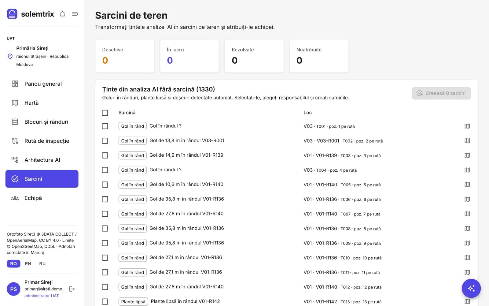 Pagina Sarcini de teren cu țintele analizei AI gata de atribuit